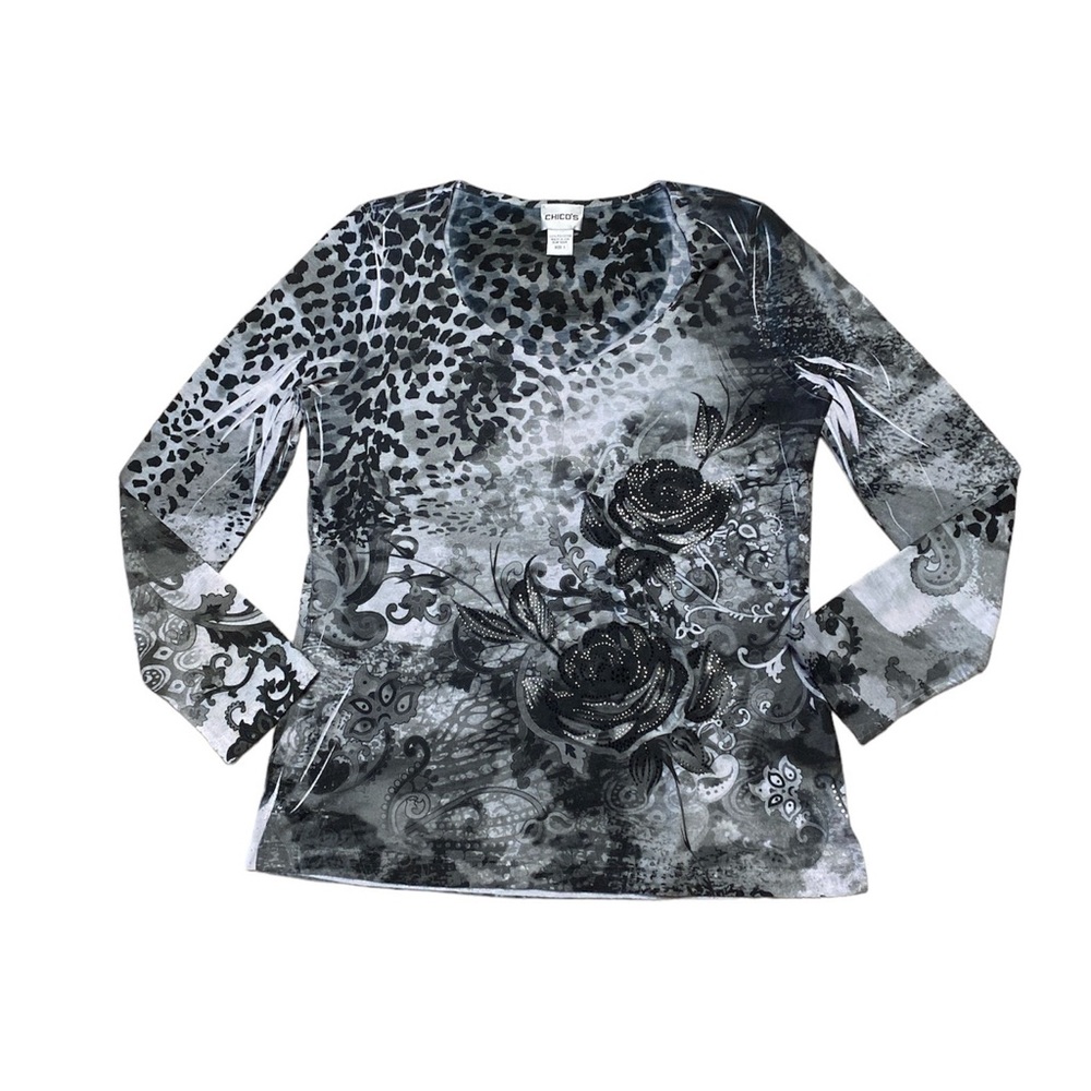 Chico’s Long Sleeve Blouse Women’s 1/M Animal Print Rhinestone Embellished Shirt